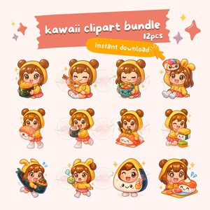 kawaii chibi girl sushi clipart bundle, cute sushi food clipart, chibi cuteness, hoodie kawaii, printable digital sticker, commercial use