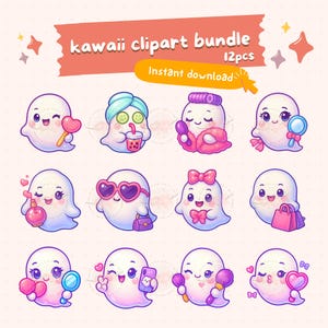 Kawaii ghost clipart, cute halloween ghost, cute chibi ghost png, pink girly ghost, spooky vibes,printable digital stickers, commercial use