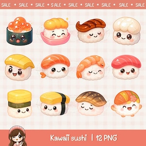 Cute kawaii sushi clipart bundle, street foods, kawaii food illustration, chibi food art, printable digital stickers, commercial use, png