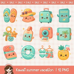 Cute kawaii summer beach vacation clipart, summer beach day, cute chibi stickers, printable digital stickers, commercial use, png