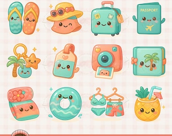 Kawaii Summer Vacation Clipart: Beach Chibi Stickers (PNG Digital Download)