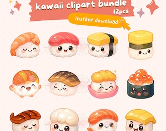 Kawaii sushi clipart bundle png, 12 chibi japanese food illustrations stickers