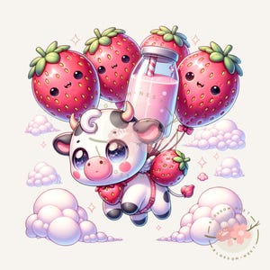 Kawaii pink strawberry cow png, cute pink cow sticker, kawaii pink animals, baby cow png, strawberry cow clipart, commercial use, png