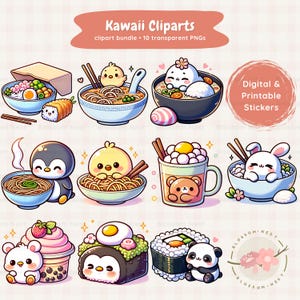Raccolta di clipart kawaii di cibo giapponese, PNG di cibo carino, adesivi stampabili, ramen, sushi, dim sum, arte chibi, uso commerciale, design a sublimazione