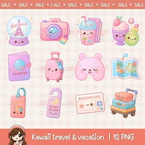Cute kawaii vacation travel clipart, cute planner stickers, travel essentials, passport, printable digital stickers, commercial use, png