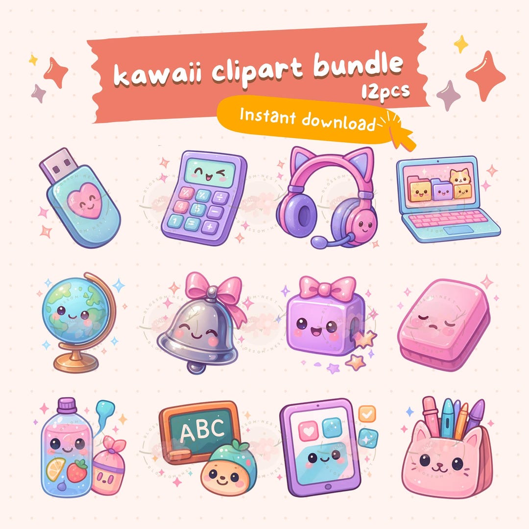 Cute Kawaii Back to School Clipart, Classroom Decor, School Supply Png ...