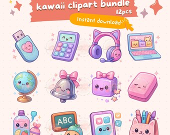 Niedliche Kawaii Schule Clipart, Klassenzimmer Dekor, Schule Lieferungen PNG Aufkleber, druckbare digitale Aufkleber, kommerzielle Nutzung, png, Chibi Art