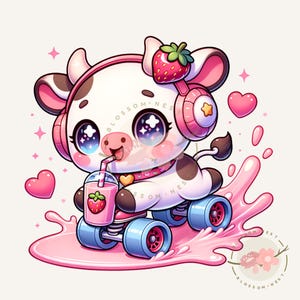 Kawaii pink cow skater png, pink cow sticker, kawaii pink animals, baby cow png, strawberry cow milk clipart, sublimation designs, diy craft