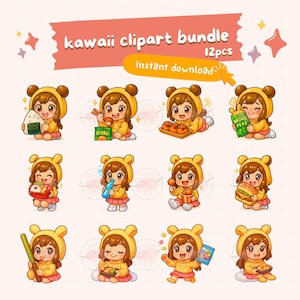 kawaii chibi girl snack clipart bundle, girl chibi clipart, cute street food, chibi bunny hoodie, chibi food, commercial use, png