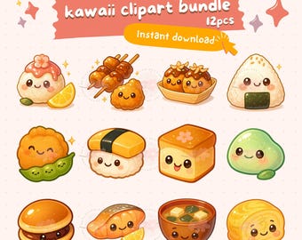 Kawaii japanese food clipart bundle png, 12 chibi sushi and snack illustrations