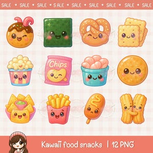 Kawai food snacks clipart bundle, cute food PNG, printable stickers, takoyaki fries corndog popcorn, commercial use, sublimation design