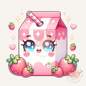 Clipart de caixa de leite de morango kawaii png, adesivo de leite de vaca, animais rosa kawaii, caixa de leite rosa fofa, design de sublimação, adesivo digital