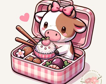 Kawaii cow sakura bentobox clipart, cute pink cow lunchbox, chibi food art, japan kawaii clipart, sublimation design, commercial use, PNG