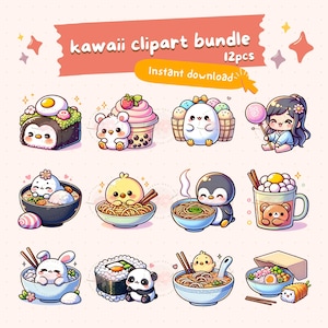 Kawaii japanese food clipart bundle, cute food PNG, printable stickers, ramen, sushi, dim sum, chibi art, commercial use, sublimation design image 1