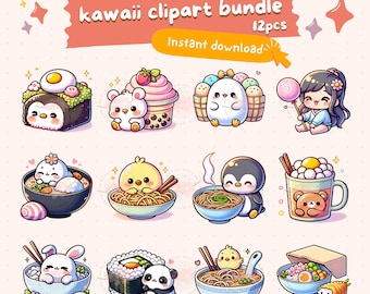 Kawaii japanese food clipart bundle, cute food PNG, printable stickers, ramen, sushi, dim sum, chibi art, commercial use, sublimation design