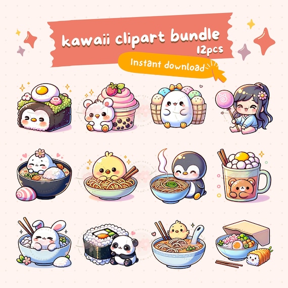 Kawaii japanese food clipart bundle, cute food PNG, printable stickers, ramen, sushi, dim sum, chibi art, commercial use, sublimation design