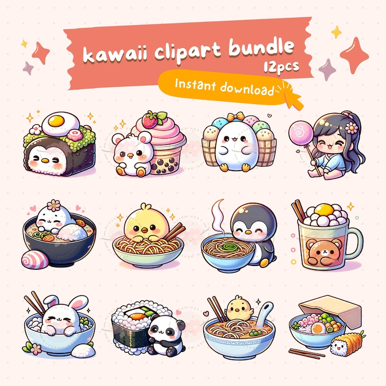 Kawaii japanese food clipart bundle, cute food PNG, printable stickers, ramen, sushi, dim sum, chibi art, commercial use, sublimation design image 1