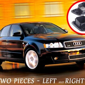 May include: Black sedan with silver wheels and a chrome grill. Two black plastic car parts are shown in a red circle. The text at the bottom reads "TWO PIECES - LEFT and RIGHT".