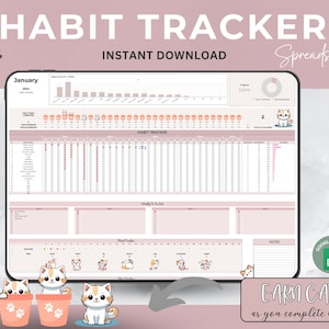 Habit Tracker Spreadsheet Google Sheets Template, Cat Lover Planner, Daily Habit Planner, Weekly Habits, Digital Daily To Do List Template