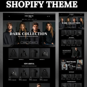 May include: A dark themed Shopify website for a clothing store called Dark Threads. The website features a black and white color scheme with a focus on hoodies, t-shirts, and bags. The website includes a "New Arrival" section, a "Best Seller" section, and a "Featured Products" section. The website also includes a call to action to "Buy 2 and Get 20% Off".