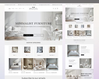 Puede incluir: Una página de inicio de un sitio web para una tienda de muebles minimalistas. El sitio web presenta un esquema de color blanco y gris con imágenes de muebles y texto que dice "Mobiliario minimalista".