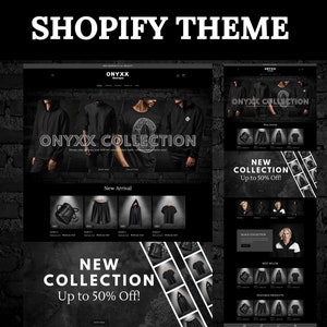 May include: A black and white Shopify theme website for an online clothing store called "ONYXX Collection". The website features a black and white colour scheme with a dark background and white text. The website has a banner image with the text "ONYXX Collection" and a call to action to "Shop Now". The website also has a section for "New Arrivals" and a section for "Black Collection".