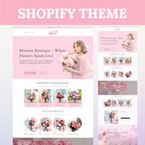 Op de afbeelding: Een website-homepage voor een bloemenwinkel genaamd Blossom Boutique. De website heeft een roze achtergrond met een banner waarop staat "Blossom Boutique - Where Flowers Speak Love". De banner bevat ook een foto van een jonge vrouw die een boeket roze bloemen vasthoudt. De website heeft ook een sectie genaamd "Shop Our Collection" met foto's van verschillende bloemstukken. De website heeft ook een sectie genaamd "Featured Product" met foto's van verschillende bloemstukken.