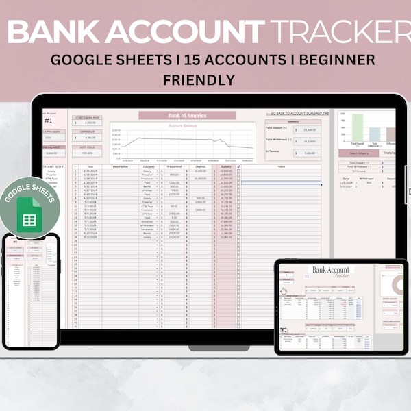 Bank Account Tracker, Google Sheets Financial Tracker, Savings Planner, Credit Card Tracker, Bank Info, Financer Organizer