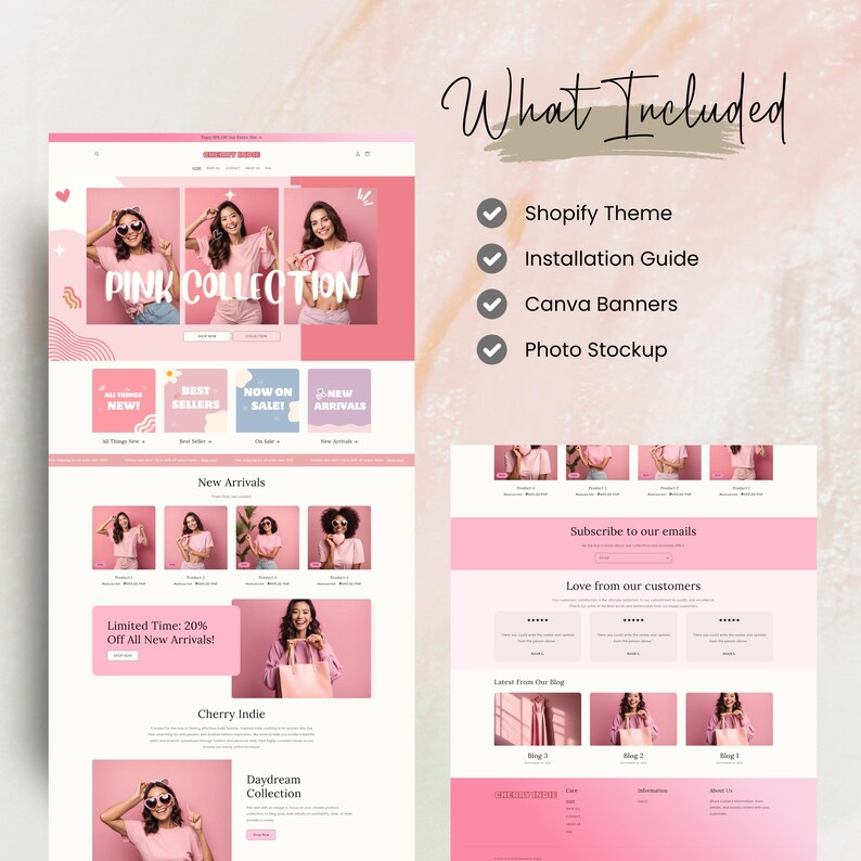 Shopify Theme, Shopify Website for Boutique, Pink Shopify Templates, Shopify Website Design, Shopify Theme, Minimalist & Cute Feminine Theme