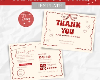 Coquette Bow Thank You Card Template, Retro Card, Cute & Minimalist Card,  Business Card , Canva Template, Thank You Insert QR , Boutique