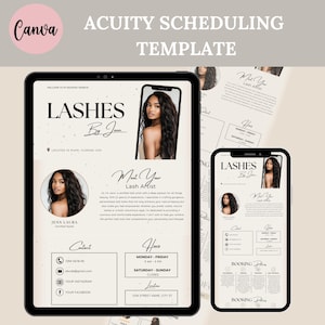 May include: A digital template for scheduling appointments with a lash artist. The template features a black and white design with a modern aesthetic. The text "LASHES By Jenn" is displayed at the top of the template. The template includes contact information, hours of operation, and a booking section.