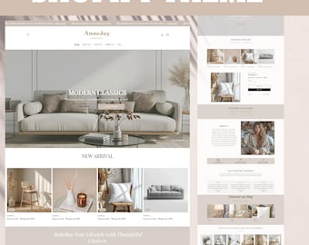 Puede incluir: Una página de inicio de un sitio web para una tienda de muebles llamada AnneJay. El sitio web presenta un diseño moderno con un esquema de color claro. La página de inicio incluye una imagen de banner de un sofá gris claro con almohadas, una sección para nuevos productos y una sección para colecciones de la tienda. El sitio web también incluye una sección para los productos más vendidos de la tienda, una sección sobre la tienda y una sección para el blog de la tienda.