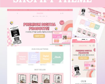 Shopify Theme Digital Products, Pastel Retro Shopify Website Template, Shopify Templates, Website templates, Shopify Store Banner