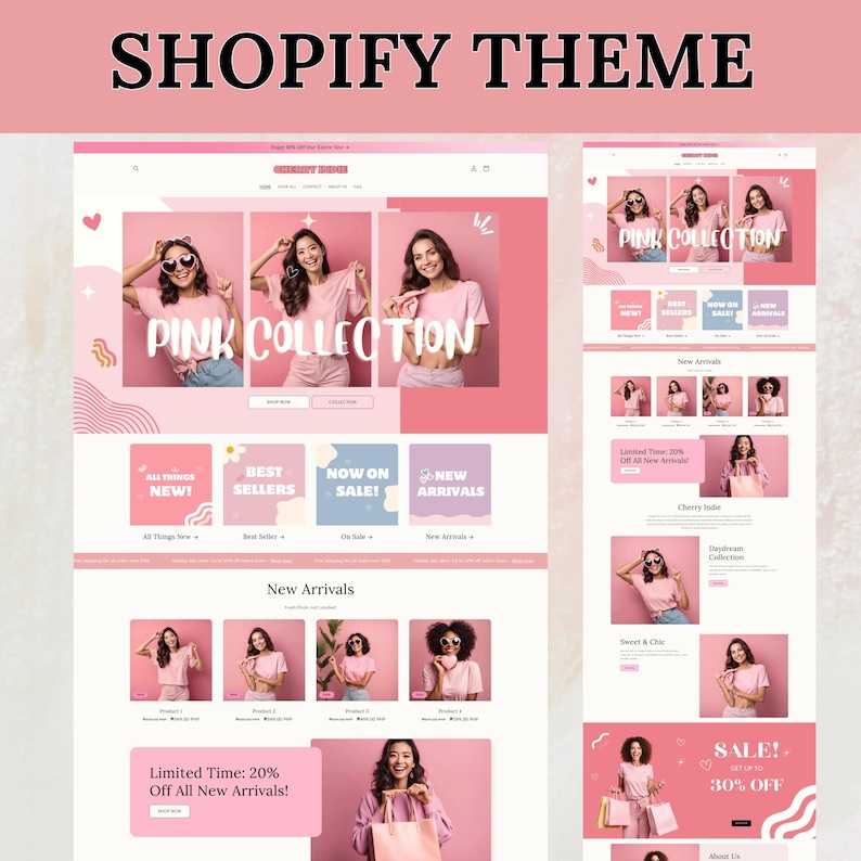 Shopify Theme, Shopify Website for Boutique, Pink Shopify Templates, Shopify Website Design, Shopify Theme, Minimalist & Cute Feminine Theme