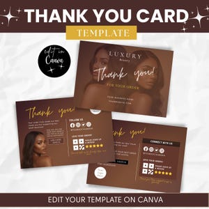 May include: A set of brown and gold thank you card templates. The cards feature the text "Thank you!" and "Luxury Beauty" with images of women. The cards also include social media icons and a call to action to edit the template on Canva.