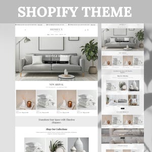 May include: A website homepage for a home decor store called "Homely". The website features a white sofa with cushions, a white coffee table, and a green plant. The website also features a section for "New Arrivals" and "Featured Products".