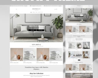 Puede incluir: Una página de inicio de un sitio web para una tienda de decoración del hogar llamada "Homely". El sitio web presenta un sofá blanco con almohadas, una mesa de café blanca y una planta verde. El sitio web también presenta una sección para "Nuevos llegados" y "Productos destacados".