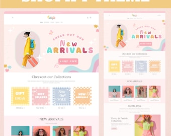 Tema de Shopify en tonos pastel, plantilla de sitio web de Shopify para boutique, plantillas de Shopify en tonos rosa, banner de Shopify con diseño de Shopify, moda, tonos pastel melocotón.