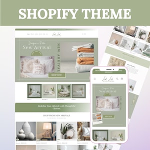 May include: A website homepage for a home decor shop called Lush Leaf. The website features a green and white color scheme with a banner that says "New Arrival". The banner is above a photo of a stack of white and beige blankets. The website also features a section for "New In", "Best Sellers", and "Home Sanctuary".