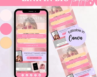 Pastel Link in bio template, Pink Landing Page, Canva Link In Bio, Instagram Bio Link, Beauty Website, Template, Esthetician Website, Spa