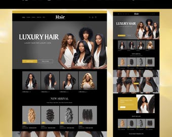 Shopify Theme Hair, Hair Shopify website template, Black Shopify Luxury Hair Design, Shopify Theme for Wigs, Hair Extensions, Gold Shopify