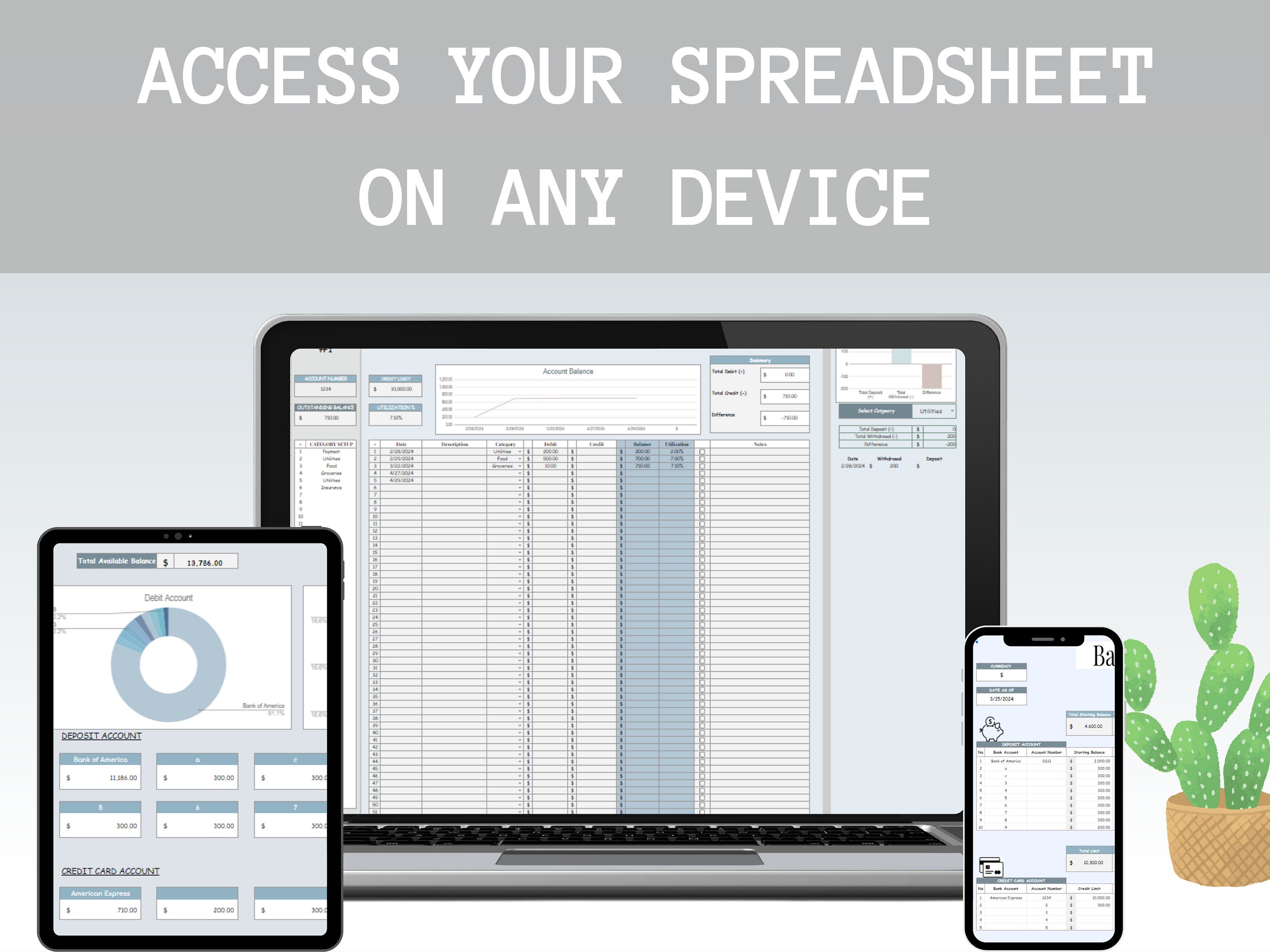 Bank Account Tracker, Finance Spreadsheet, Money Management, Credit ...