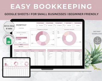Easy Bookkeeping Spreadsheet for Small Business Template, Income and Expense Tracker, Profit and Loss | Accounting Google Sheets, Sales Tax
