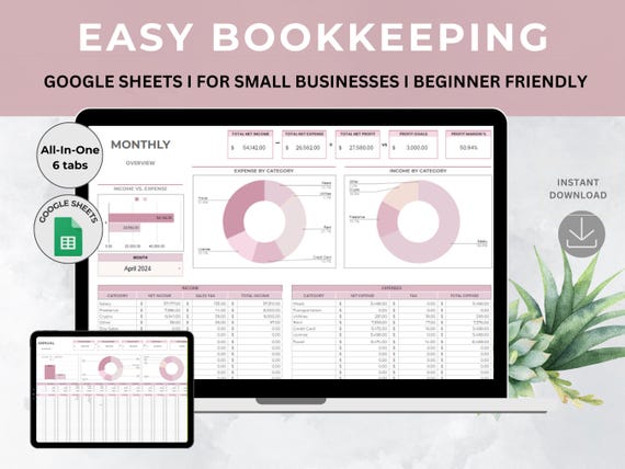 Easy Bookkeeping Spreadsheet for Small Business Template, Income and Expense Tracker, Profit and Loss | Accounting Google Sheets, Sales Tax