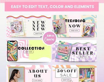 Retro Shop Banner Canva Template, Creative Shopify Banners Customizable Colors, Canva Editable Website Banner E-commerce Store Design