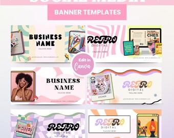 Retro Digital Social Media Banner Template Canva Editable, Facebook Banner, Retro Online Branding, Aesthetic , Facebook Group Cover Image