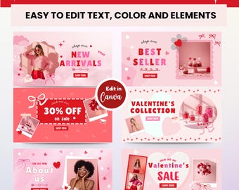 Valentine Shop Banner Templates, Pink Coquette Shopify Banner, Canva editable, Red Banner Design, Creative Design, E-commerce Store Banner