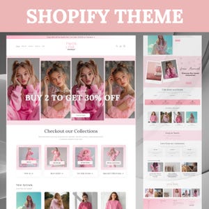 May include: A pink and white website design for an online clothing store. The website features a sale banner with the text "Limited time - BUY 2 TO GET 30% OFF". The website also features a section for new arrivals, best sellers, on-sale items, and special collections.