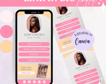Link in bio template, Soft Pastel Landing Page, Canva Link In Bio, Instagram Bio Link, Beauty Website, Template, Esthetician Website, Spa
