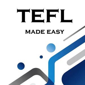 May include: A book cover with a white background featuring the black text TEFL MADE EASY at the top and BY THE TEFL SHAMAN at the bottom. The design includes blue and grey geometric shapes, diagonal lines, and circular dots across the lower section.